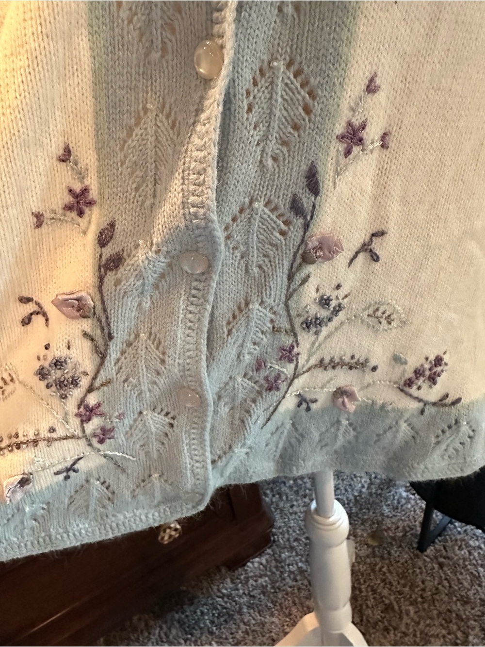 Koret Cream and Light Blue Embroidered Pearl-Button Cardigan - Picture 6 of 9